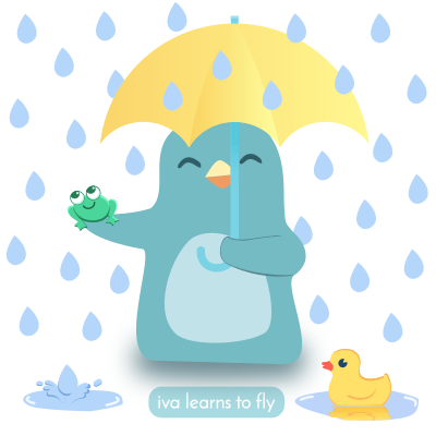 Penguin in raindrops with bright yellow umbrella, holding a frog. Rubber ducky in puddle of water.