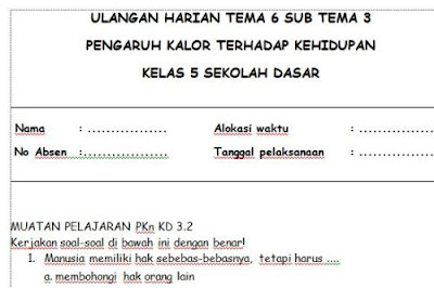  jenjang Sekolah Dasar telah menggunakan Kurikulum  Soal Ulangan Harian K13 Kelas 5 Tema 6 Subtema 3
