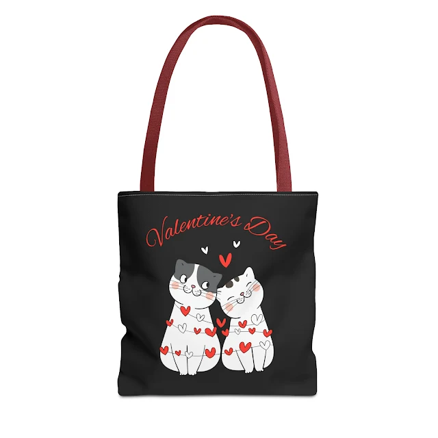 Tote Bag With Colorful Illustrated Cute Cats Couple With Text Happy Valentine's Day