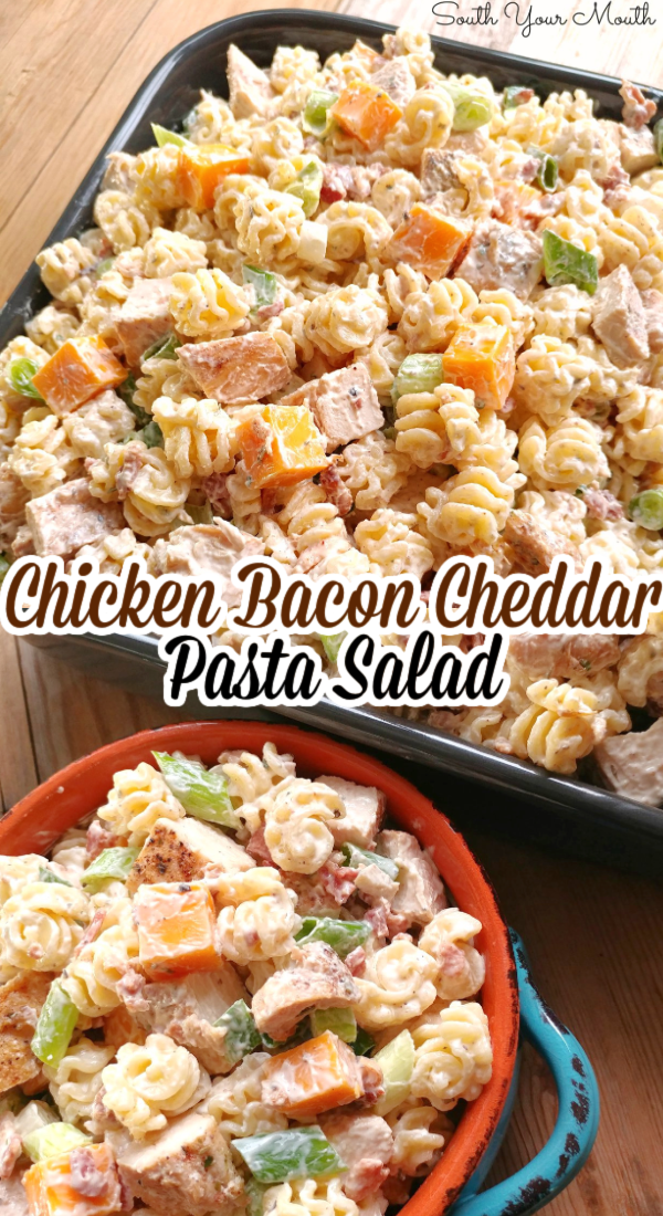 Chicken Bacon Cheddar Ranch Pasta Salad! Pasta salad with chicken, bacon, cheddar and ranch hearty enough for a meal for beach days, sports tournaments, picnics, summer suppers and more!