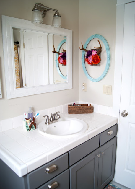 Project Kid's Bathroom Makeover - before & after - Martha Stewart Zinc on vanity antler hair clip organizer