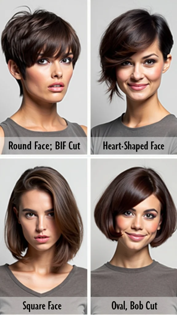 Four women showcasing different hairstyles tailored to their face shapes: round, heart-shaped, square, and oval.