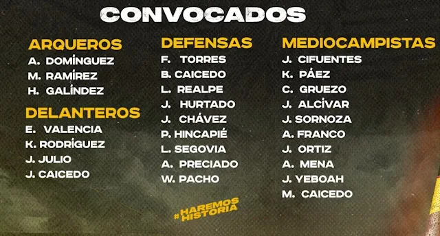 Lista de Convocados de la Selección Ecuatoriana para los partidos contra Bolivia y Colombia