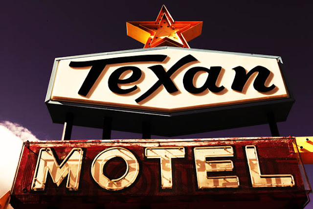 The Texan Motel neon sign in Raton, New Mexico.