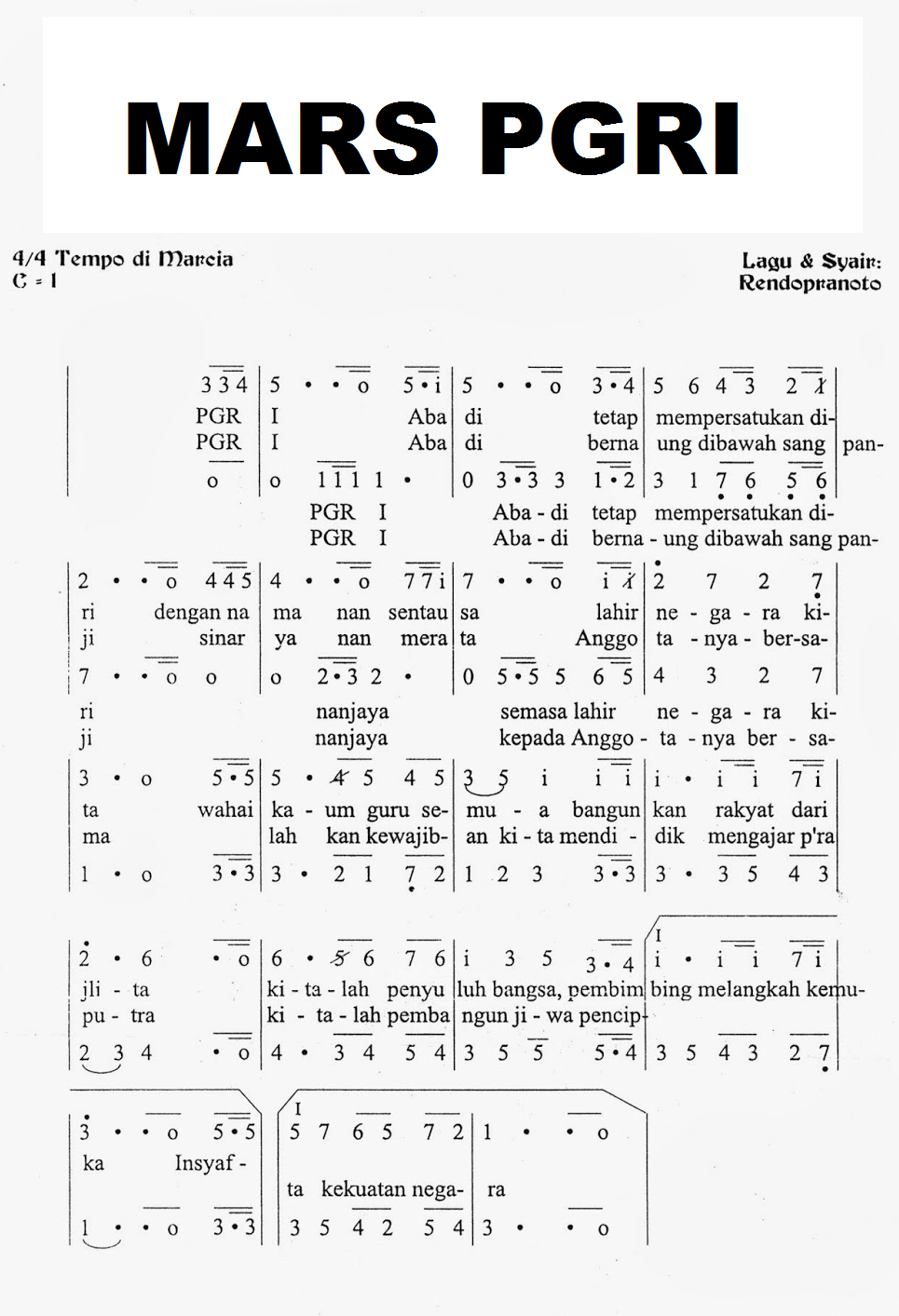 Partitur, Notasi dan Lirik Lagu Mars PGRI, Guru Harus Tahu 