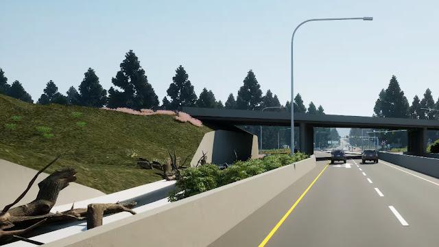 Graphical representation of what the new Diverging Diamond Interchange will look like from southbound State Route 18 under Interstate 90. A stream channel with logs and other natural features is shown at the left running beneath a bridge.