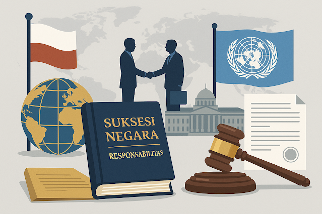 Ilustrasi konsep suksesi dan tanggung jawab negara dalam hukum internasional, menampilkan globe, bendera nasional dan PBB, dua diplomat berjabat tangan, buku hukum bertuliskan “Suksesi Negara”, palu hakim, dokumen traktat, dan latar gedung pengadilan serta peta dunia.