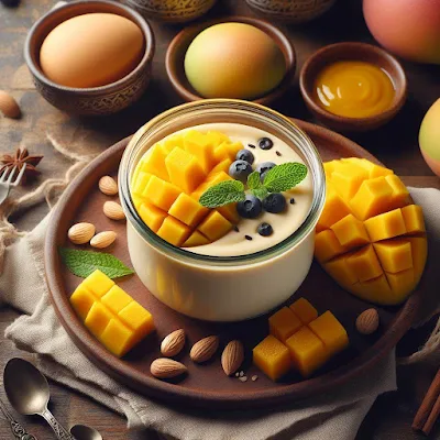 Auf dem Bild ist ein Glas gefüllt mit Mango-Vanille-Pudding. Frische Mangos sind aufgeschnitten und gewürfelt. Sie liegen auf dem Dessert und daneben. Der Nachtisch ist lecker zubereitet und eine Augenweide für große und kleine Naschkatzen.