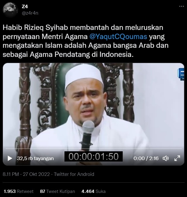 membantah dan meluruskan pernyataan Menteri Agama Yaqut CERDAS MAKJLEB! Habib Rizieq membantah dan meluruskan pernyataan Yaqut yang mengatakan Islam adalah Agama dari Arab Agama Pendatang di Indonesia