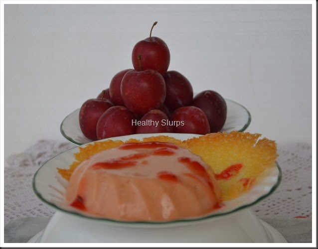 Hot Plum Panna cotta served with Orange Lace cookie and plum compote
