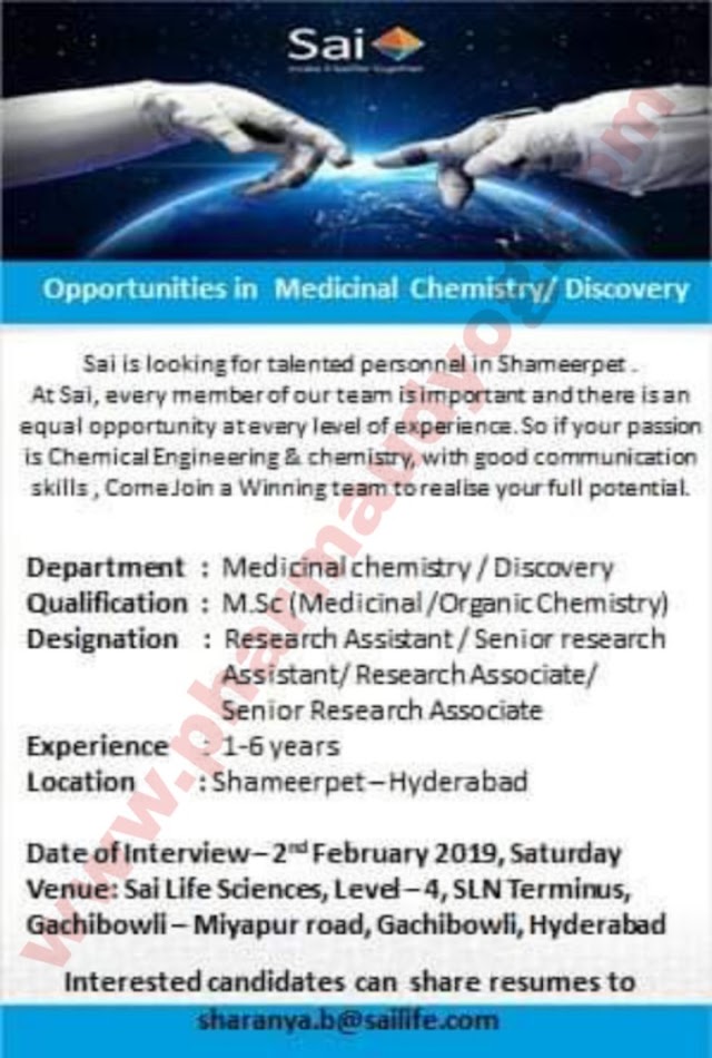 Said Life sciences | Walk-in interview for Discovery/Research Chemistry | 2nd Feb 2019 | Hyderabad