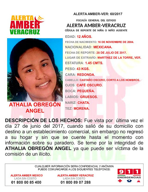 Activan Alerta Amber para Athalia Obregón Angel en Martinez de la Torre