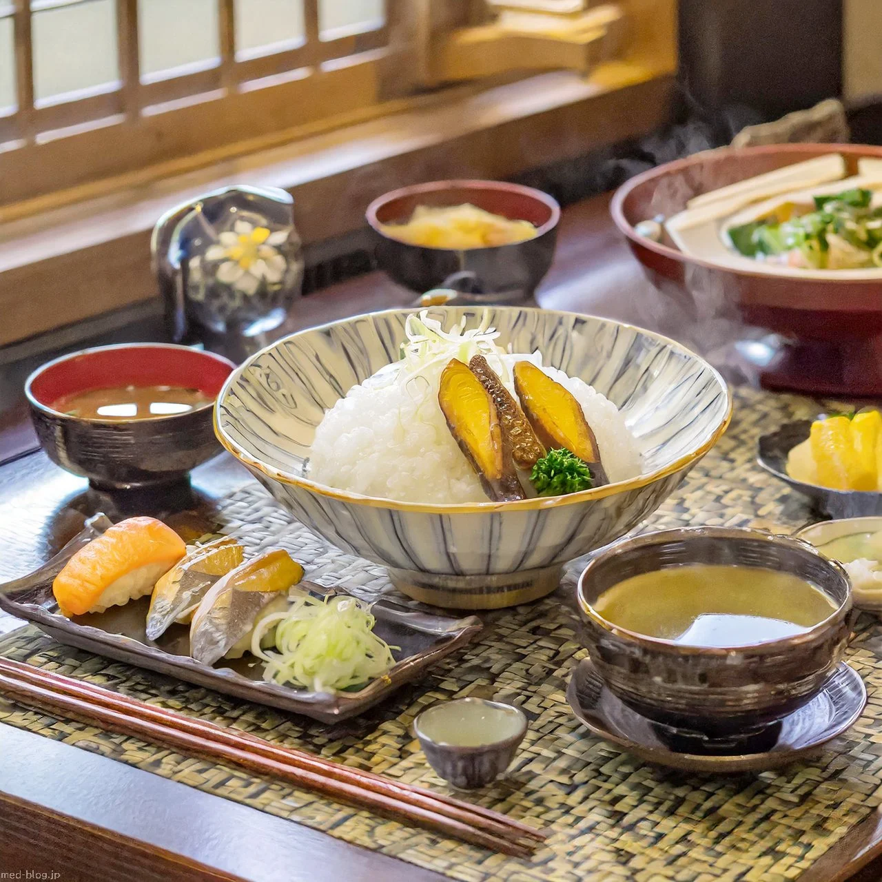 窓から日本庭園が見える同等を感じる和室のテーブルの上に、伝統液な日本料理の膳が置かれている写真.jpg (1280×1280)