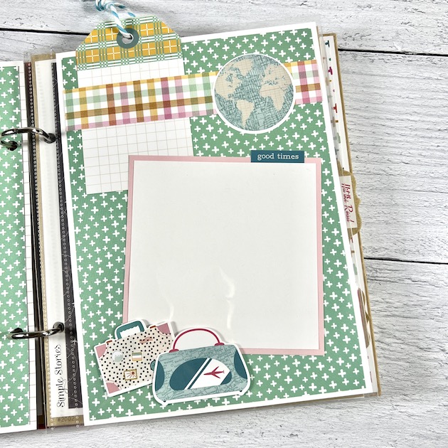 Travel Time Scrapbook Page with luggage, globe & tag
