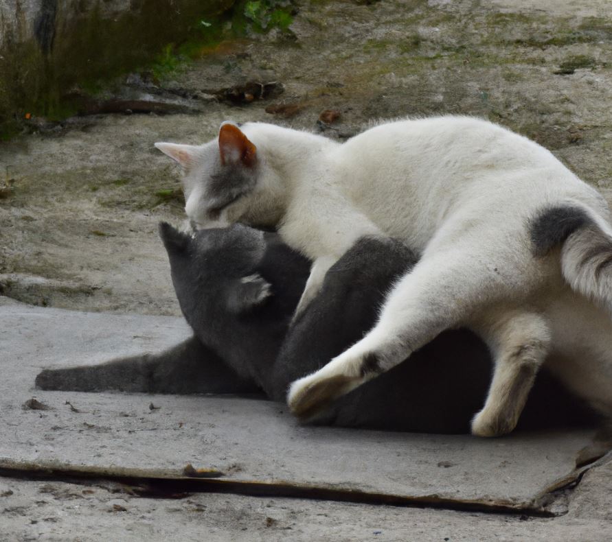 Un gato gris oscuro montando a otro gato blanco