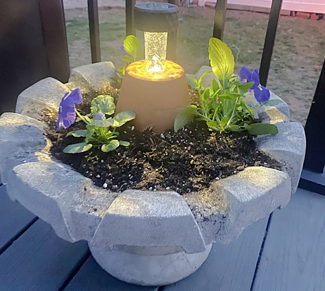 planter with pansies and light at night