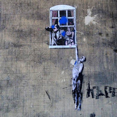 Banksy painting, featuring a man and woman looking out of a window and a naked man hanging from the sill. 