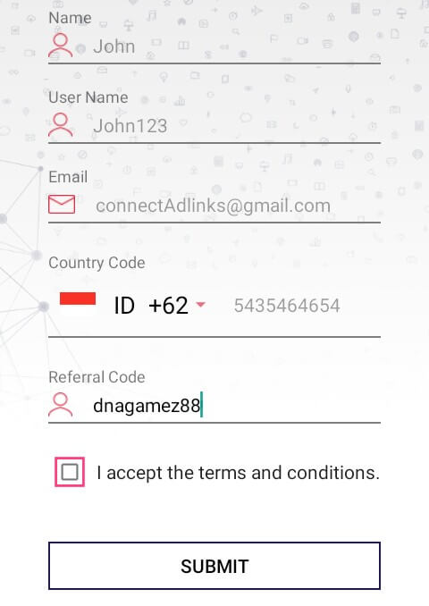 Silahkan masuk ke aplikasi Adlinks dan lengkapi data yang diminta, kemudian centang "terms and conditions" dan pilih "Submit".