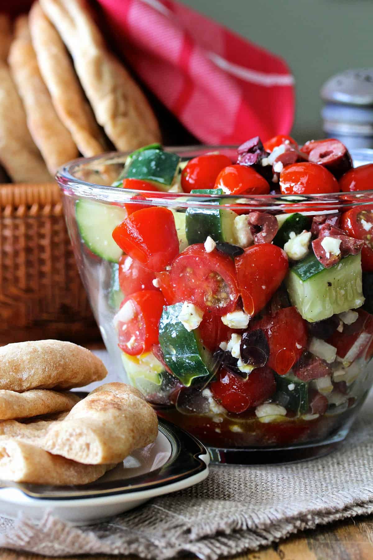 Greek salad in a glass bowl.