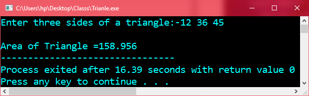 Program in C++ to calculate the area of triangle Using Class