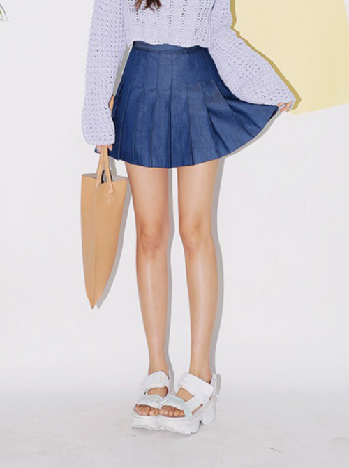 Pleated Mini Denim Skirt