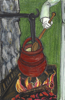 a cook stirs an open fire, preparing food for a medieval family