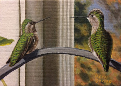 oil painting of two hummingbirds, 1st place award in the 2018 Fred Oldfield Spring art show at the Washington State Fair, copyright Anne Doane 2018