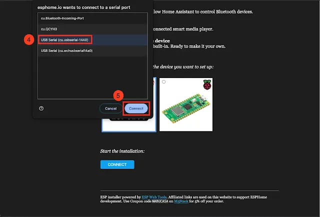 Select the USB Serial Port for ESP8266 in ESPHome Web and click the Connect button.