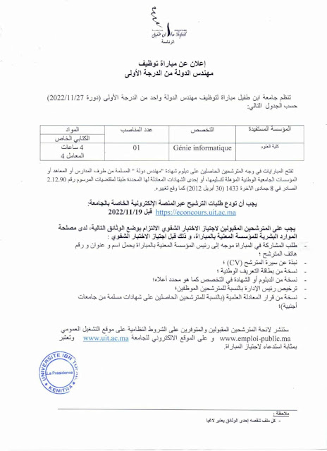 Concours Universitaire Ibn Tofail 2022 (29 postes)