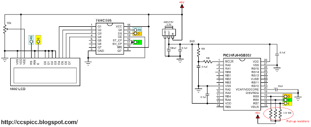 PIC24FJ64GB002 microcontroller with 16x2 LCD circuit diagram