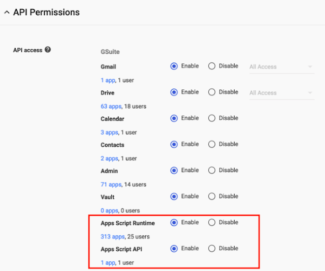 Nouvelles autorisations des API G Suite dans la console d'administration : Apps Script Runtime et API Apps Script