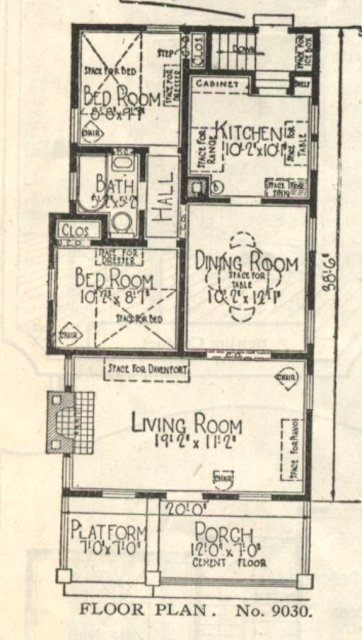 black and white drawing of Sears Clyde model floor plan 9030 shown in the 1922 Sears Modern Homes catalog