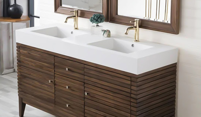 Dark wood double vanity with plank styling by James Martin.