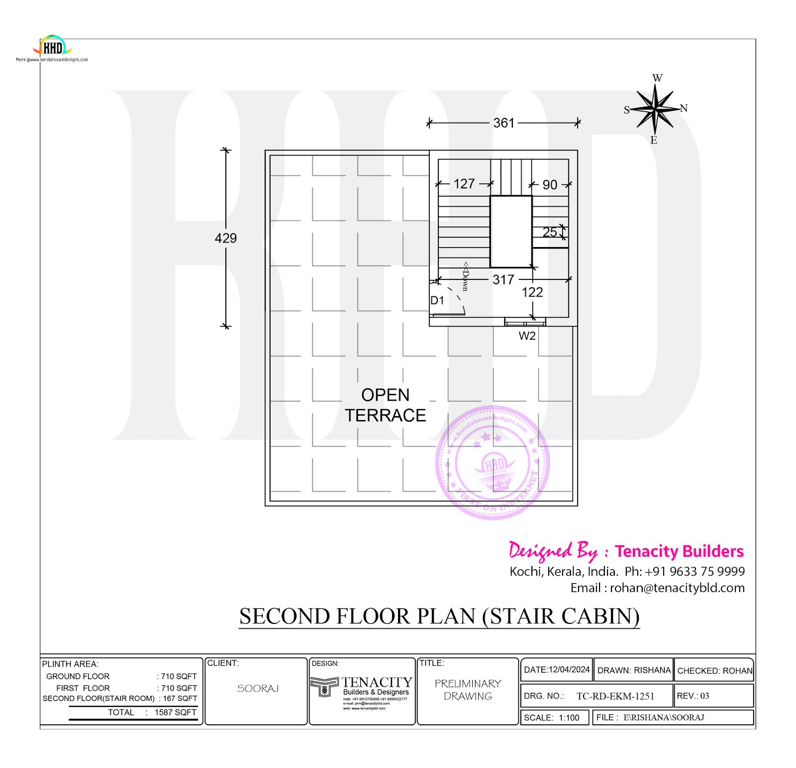 Second floor plan drawing of the tiny double-story house, depicting the stair cabin and access to the rooftop.