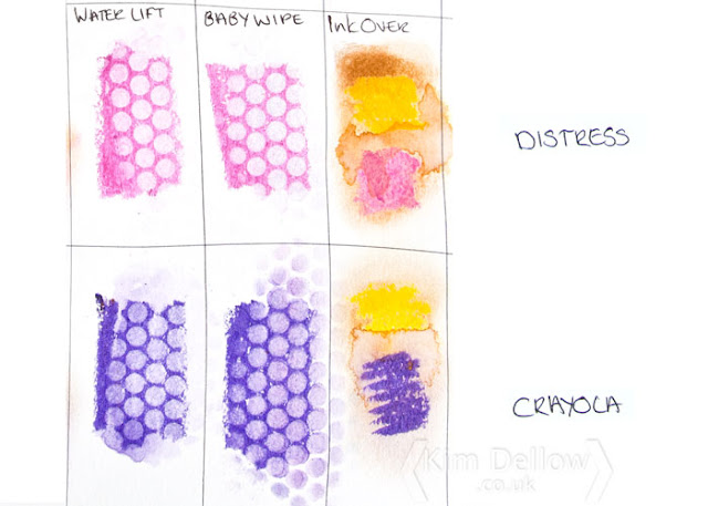 Results of Tim Holtz Distress Crayons Versus Crayola Slick Stix removed through stencil; Video from Kim Dellow