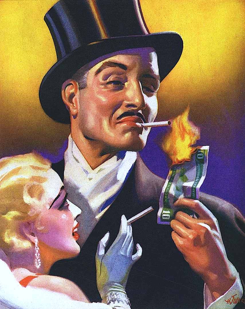 1937, burn money, light cigarette with money, top hat