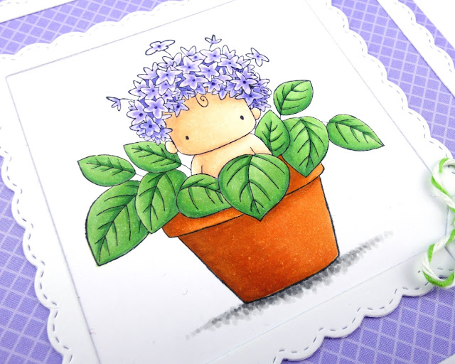 Handmade card with cute hydrangea baby in a flower pot (image from Stamping Bella)
