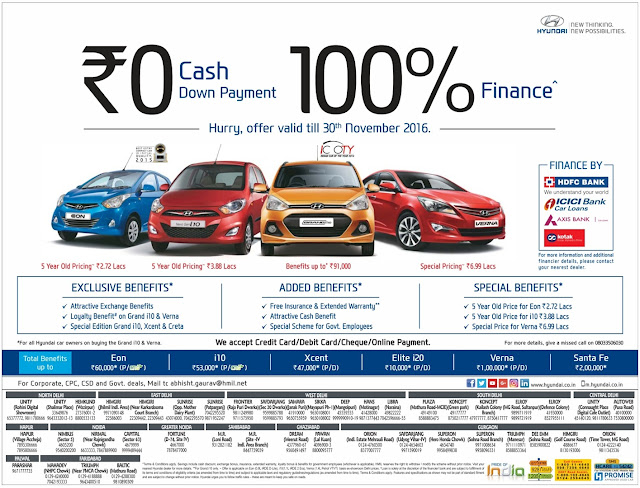 Zero down payment and 100% on road funding on Hyundai cars | November 2016 discount offers