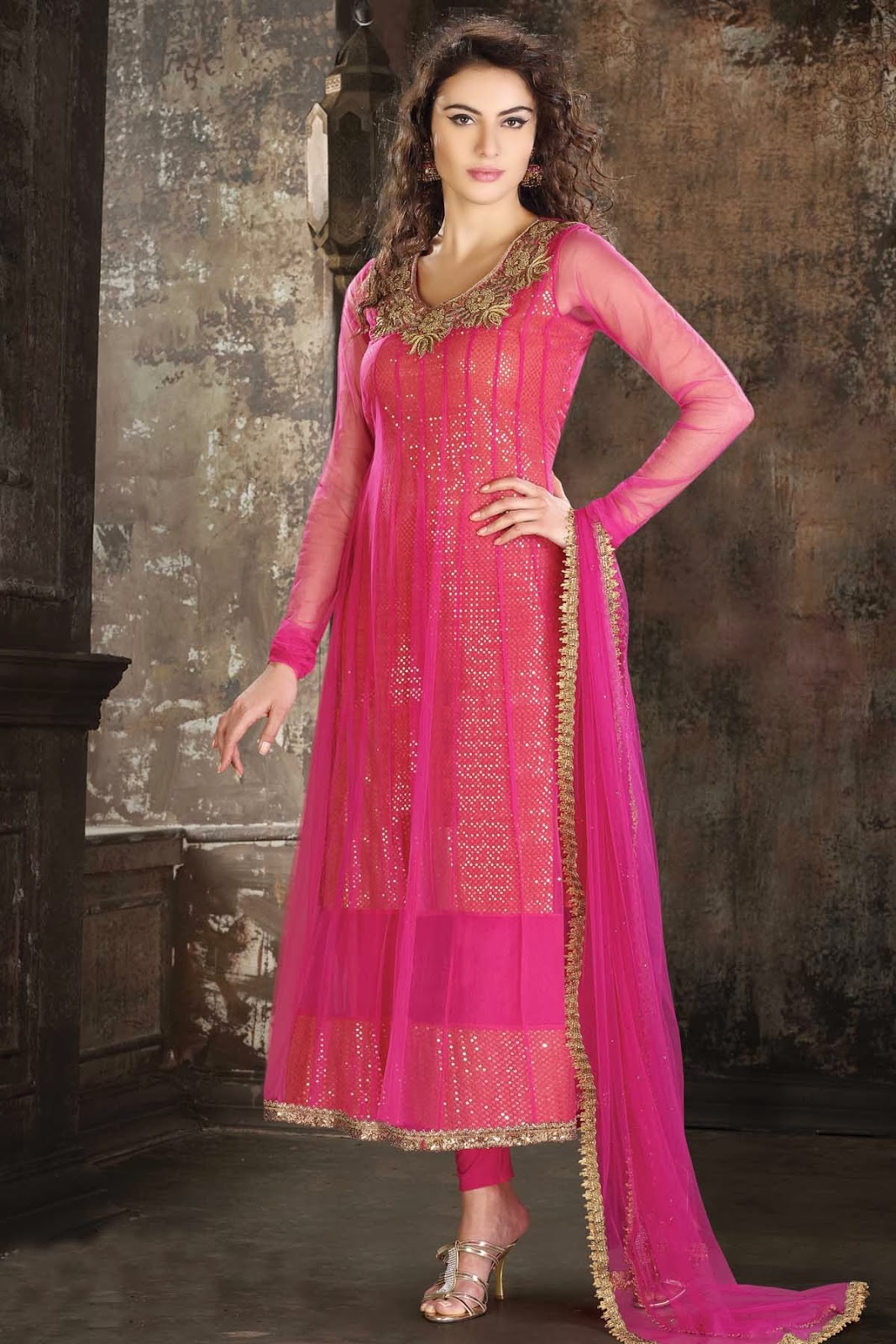 Pink Party Wear Net Anarkali Salwar Suit with Zardosi Work 