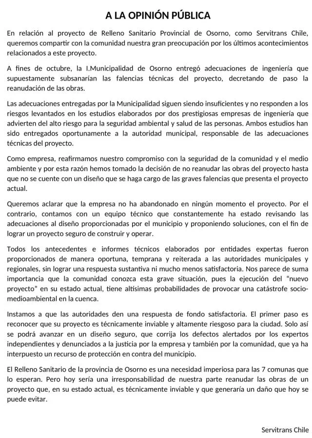 Servitrans se refiere a Relleno Sanitario Provincial de Osorno
