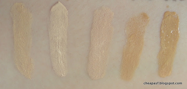 Swatches (left to right): Paula's Choice Resist Anti-Aging Foundation in Shade 1, Paula's Choice Resist Anti-Aging Foundation in Shade 0, Revlon Colorstay Foundation in Ivory, Paula's Choice All Bases Covered Foundation in Nude, Paula's Choice All Bases Covered Foundation in Sand