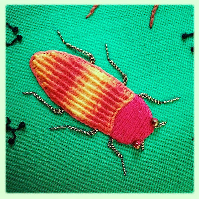 Broderi. Stumpwork Jewel Beetle. Spider web stitch.