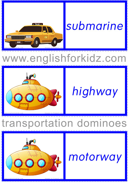 Printable transportation vocabulary game for English learners