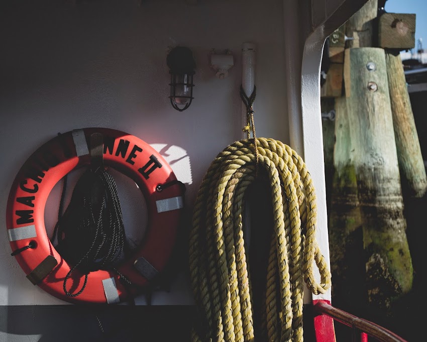 Life preserver and rope aboard the Casco Bay Lines ferry Machigonne II June 2014 photo by Corey Templeton