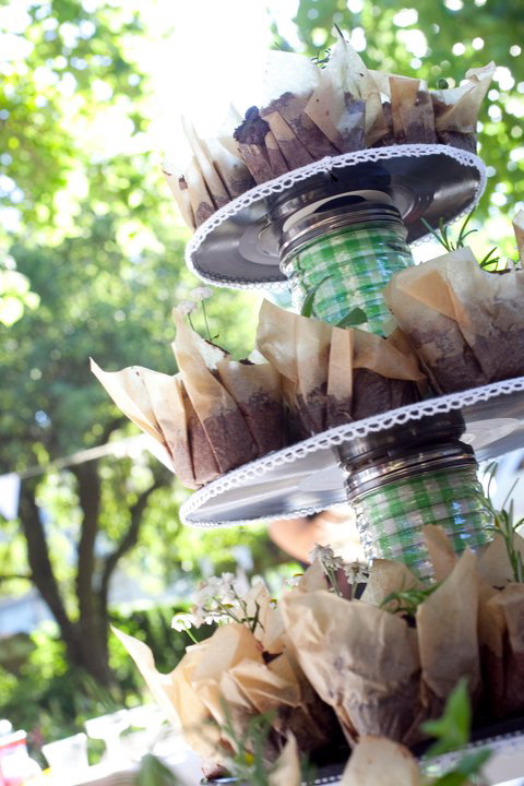 This funky spin on a traditional cupcake stand used cheap materials
