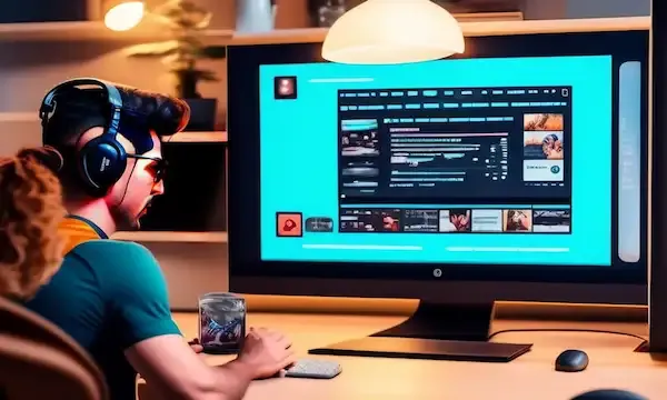 Astudent setting to his desk putting a headphone and following a training course on a big computer screen