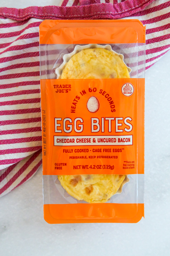 Trader Joe's Egg Bites in package on red and white striped linen