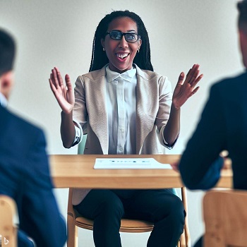 The image of a MSR applicant animatedly discussing her qualifications and experiences, symbolizing the act of self-introduction.