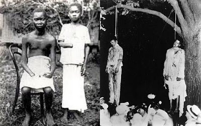 Belgium and America have something in common, the killing and disfiguring of black people. Left, amputations in Congo, right, hangings of African-Americans