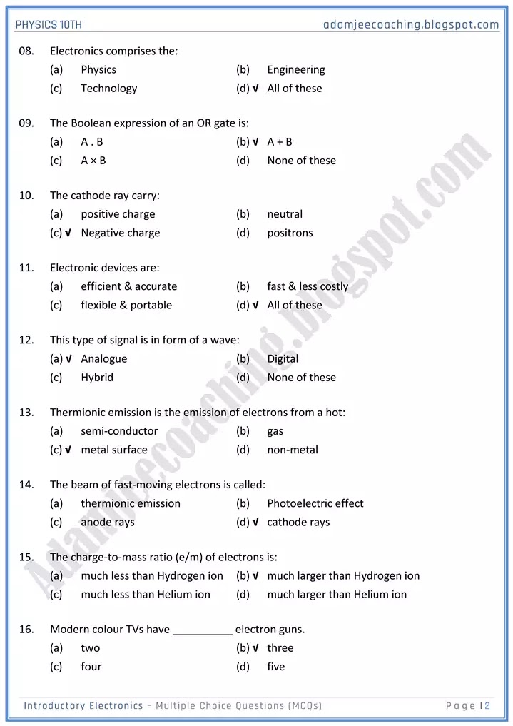 introductory-electronics-mcqs-physics-10th